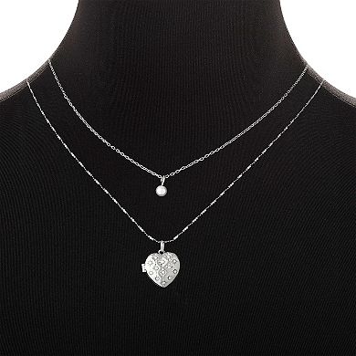Forever Close 2-pc. Fine Silver Plated Simulated Pearl & Heart Locket Necklace Set