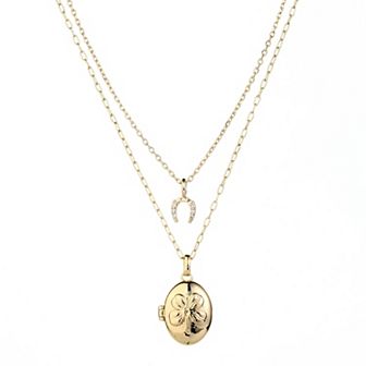 Forever Close 2 pc 14k Gold Flash Plated Cubic Zirconia Horseshoe & Clover Oval Locket Necklace Set
