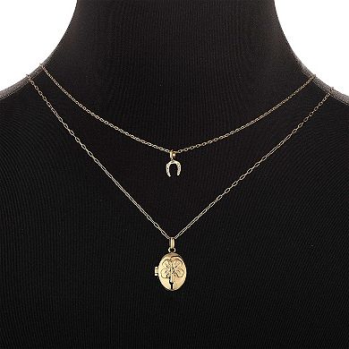 Forever Close 2-pc. 14k Gold Flash Plated Cubic Zirconia Horseshoe & Clover Oval Locket Necklace Set
