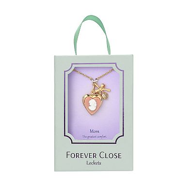 Forever Close 14k Gold Flash Plated Cubic Zirconia Bow Charm & Mom Cameo Heart Locket Necklace