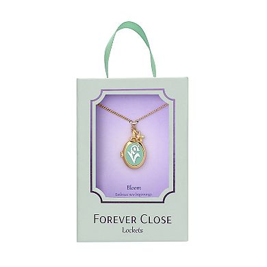 Forever Close 14k Gold Flash Plated Cubic Zirconia Leaf Charm & Flower Cameo Oval Locket Necklace