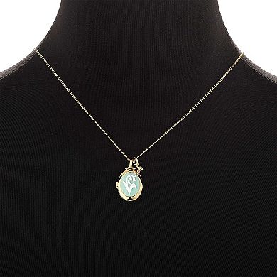 Forever Close 14k Gold Flash Plated Cubic Zirconia Leaf Charm & Flower Cameo Oval Locket Necklace
