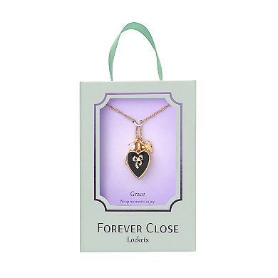 Forever Close 14k Gold Flash Plated Cubic Zirconia, Heart Charm & Black Enamel Heart Bow Locket Necklace