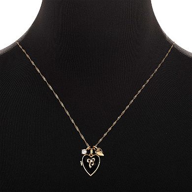Forever Close 14k Gold Flash Plated Cubic Zirconia, Heart Charm & Black Enamel Heart Bow Locket Necklace