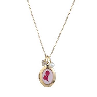Forever Close 14k Gold Flash Plated Simulated Pearl, Cubic Zirconia Heart & Pink Flower Oval Locket Necklace