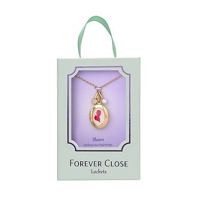 Forever Close 14k Gold Flash Plated Simulated Pearl, Cubic Zirconia Heart & Pink Flower Oval Locket Necklace