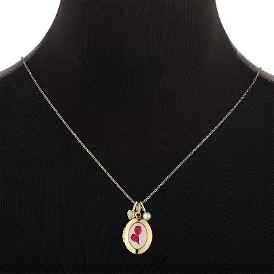 Forever Close 14k Gold Flash Plated Simulated Pearl, Cubic Zirconia Heart & Pink Flower Oval Locket Necklace