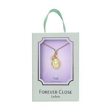 Forever Close 14k Gold Flash Plated Cubic Zirconia Leaf Charm & Cross Oval Locket Necklace