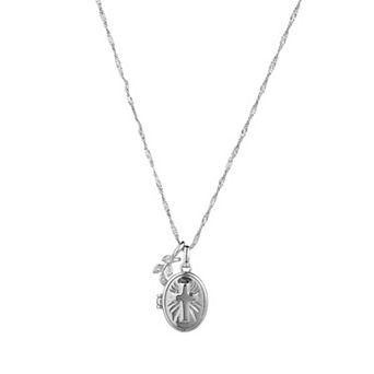 Forever Close Fine Silver Plated Cubic Zirconia Leaf Charm & Cross Oval Locket Necklace