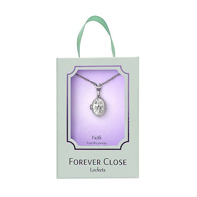 Forever Close Fine Silver Plated Cubic Zirconia Leaf Charm & Cross Oval Locket Necklace
