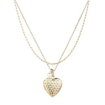 Forever Close 2 pc 14k Gold Flash Plated Simulated Pearl Charm & Diamond Cut Heart Locket Necklace Set