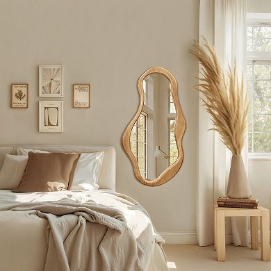 LuxenHome Natural Pine Wood Frame Irregular Oval Wall Mirror Decor Wall Mounted Accent Vanity Mirror