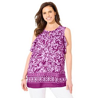 Catherines Women's Plus Size Petite Open-Shoulder Georgette Top