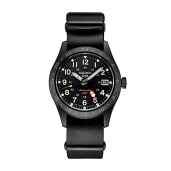 Men's Seiko 5 Sports Black Dial GMT Leather Band Automatic Watch - SSK025