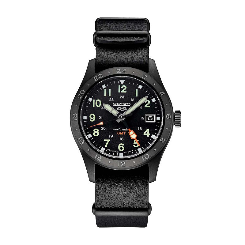 Men's Seiko 5 Sports Black Dial GMT Leather Band Automatic Watch - SSK025, Size: Large, Brown