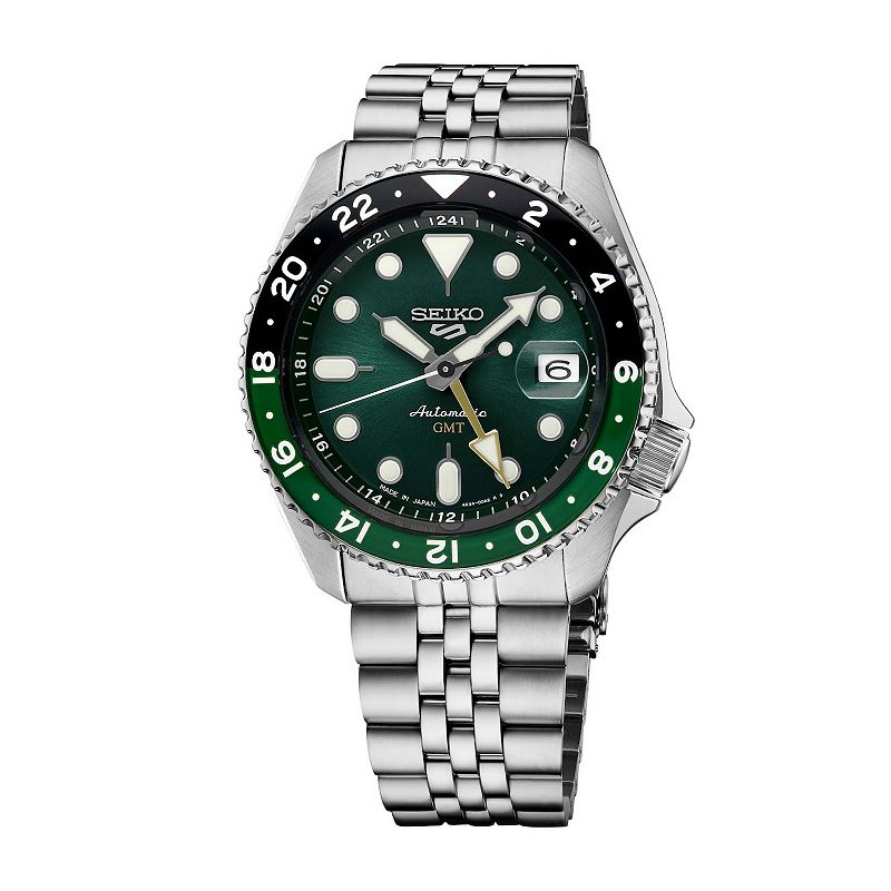 Men's Seiko 5 Sports Green Dial GMT Stainless Steel Automatic Watch - SSK035, Size: Large, Silver
