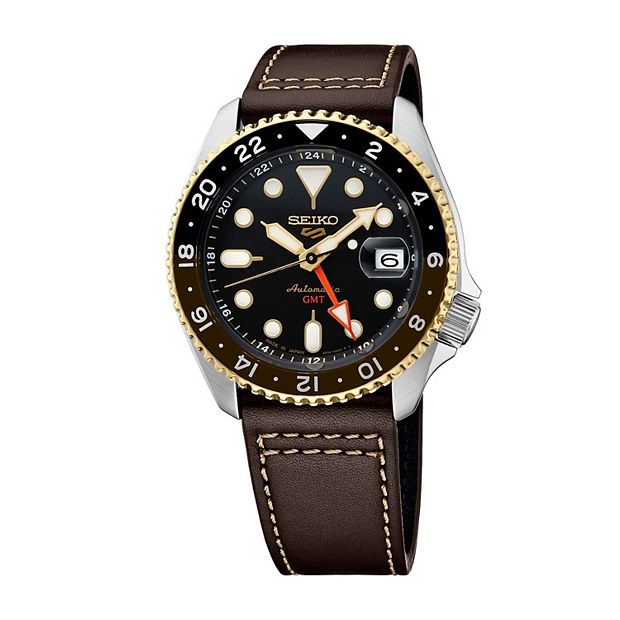 Men's Seiko 5 Sports Black Dial GMT Leather Band Automatic Watch