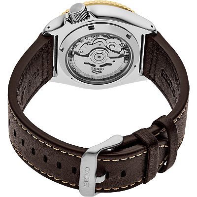 Men's Seiko 5 Sports Black Dial GMT Leather Band Automatic Watch