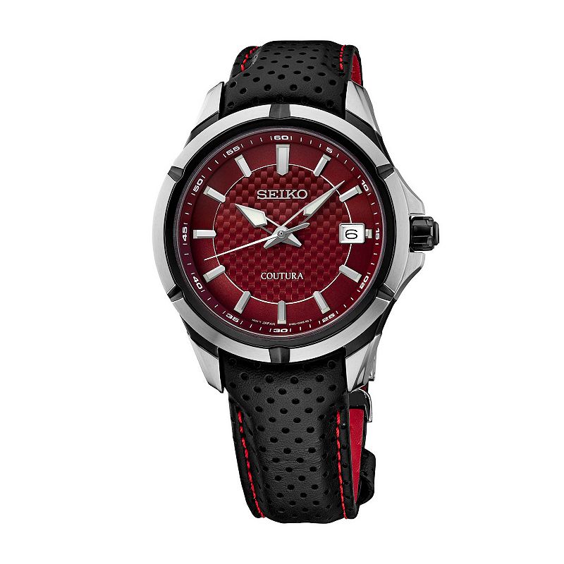 Men's Seiko Coutura Red Dial Leather Band Quartz Watch - SUR566, Size: Large, Black