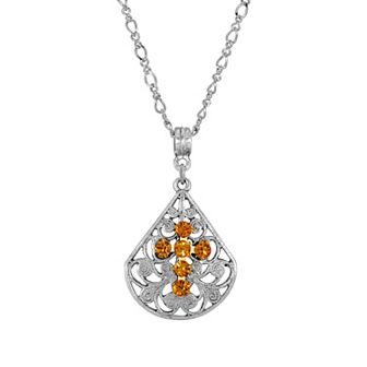 1928 Silver Tone Pewter Fan Crystal Cross Pendant Necklace