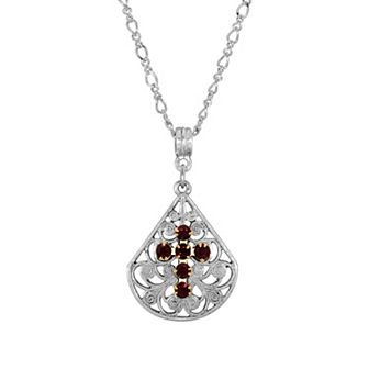 1928 Silver Tone Pewter Fan Crystal Cross Pendant Necklace