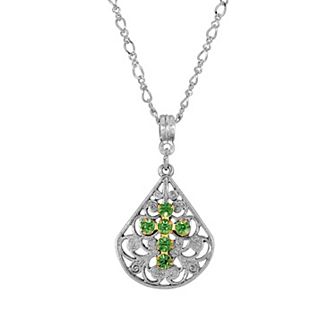 1928 Silver Tone Pewter Fan Crystal Cross Pendant Necklace