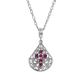 1928 Silver Tone Pewter Fan Crystal Cross Pendant Necklace