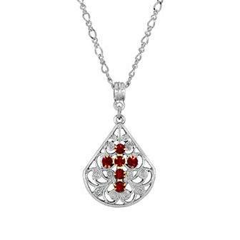 1928 Silver Tone Pewter Fan Crystal Cross Pendant Necklace
