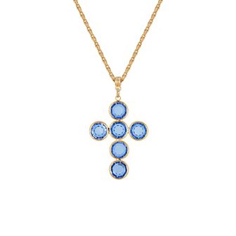 1928 Gold Tone Round Crystal Cross Pendant Necklace
