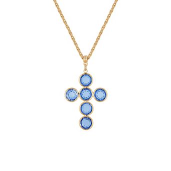 1928 Gold Tone Round Crystal Cross Pendant Necklace