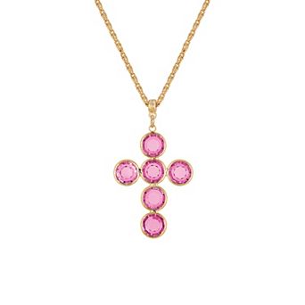 1928 Gold Tone Round Crystal Cross Pendant Necklace