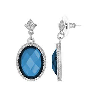 1928 Silver Tone Blue Oval Faceted Drop Earrings