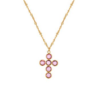 1928 Gold Tone Pink Crystal Cross Pendant Necklace