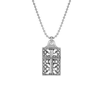 1928 Silver Tone Pewter Cross Square Dog Tag Pendant Necklace