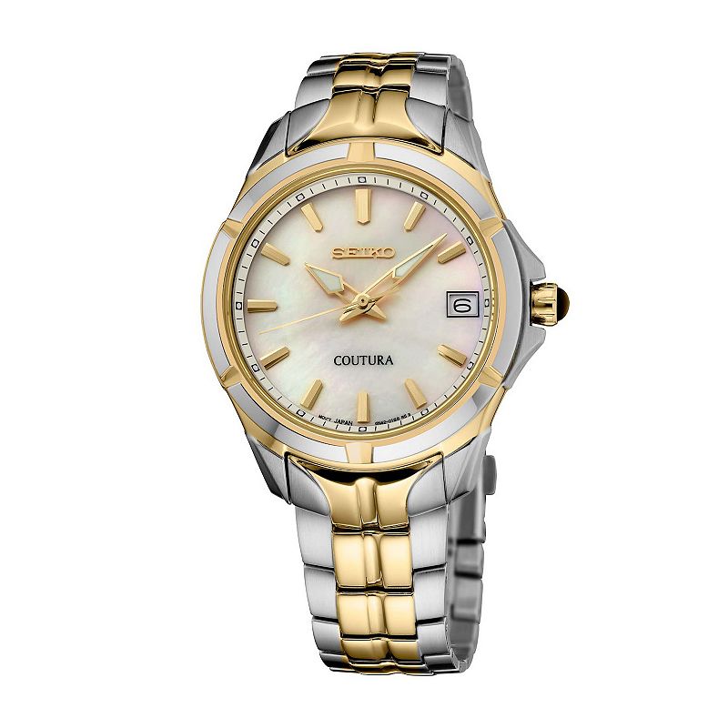 Women's Seiko Coutura Mother-of-Pearl Dial Two Tone Quartz Watch - SUR586, Size: Medium, Gold Silver