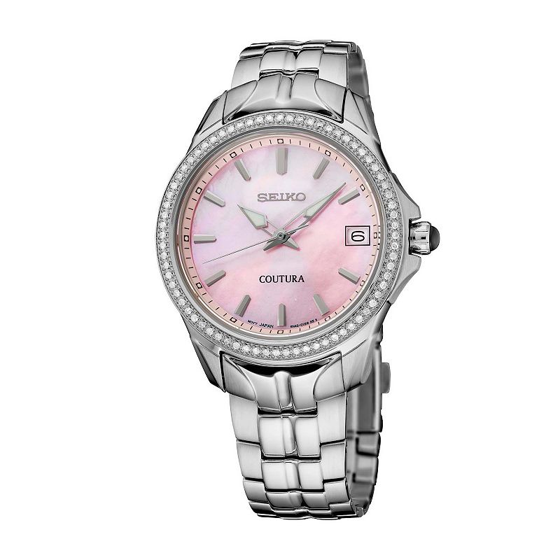 Women's Seiko Coutura Diamonds Pink Mother-of-Pearl Dial Stainless Steel Quartz Watch - SUR589, Size: Medium, Silver