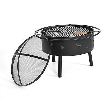 Westintrends Outdoor Star & Moon Round Steel Wood Burning Fire Pit With Wire Mesh Lid
