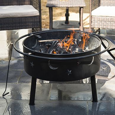 Westintrends Outdoor Star & Moon Round Steel Wood Burning Fire Pit With Wire Mesh Lid