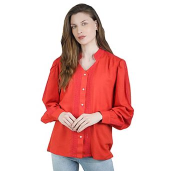 Women's Long Sleeve Lace Insert Loose Fit Linen Button Down Shirt