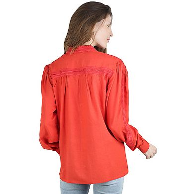 Women's Long Sleeve Lace Insert Loose Fit Linen Button Down Shirt