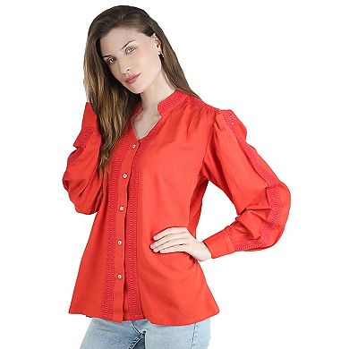 Women's Long Sleeve Lace Insert Loose Fit Linen Button Down Shirt