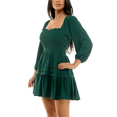 Juniors' B. Smart Smocked Long Sleeve Squareneck Dress
