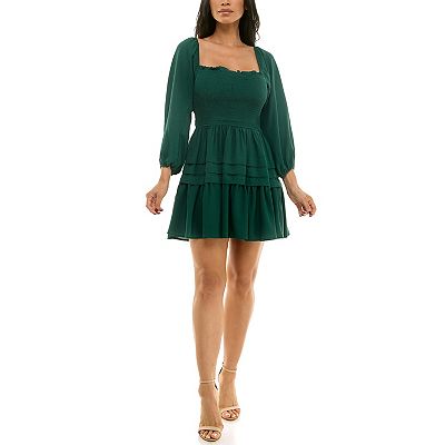 Juniors' Smart Smocked Long Sleeve Squareneck Dress