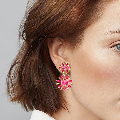 Napier Gold Tone Pink Flower Double Drop Earrings