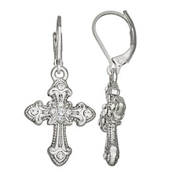 Napier Silver Tone Leverback Cross Drop Earrings