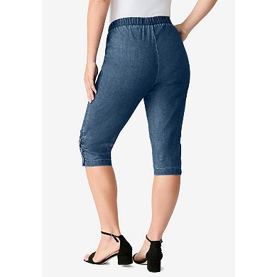 Roaman's Women's Plus Size Plus Size Comfort Stretch Button Detail Capri Jean