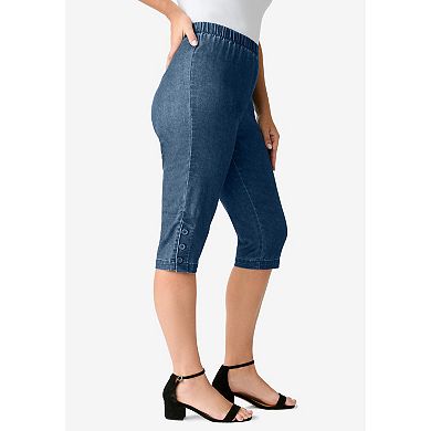 Roaman's Women's Plus Size Comfort Stretch Button Detail Capri Jean