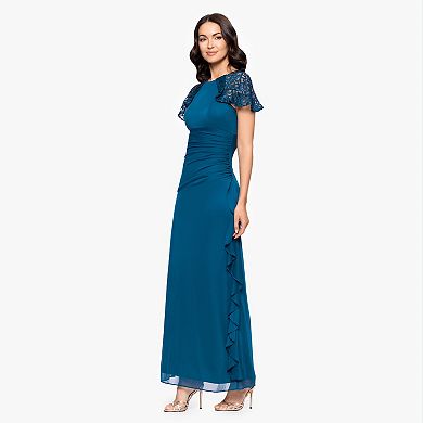 Women's BA Nites Sheer Matte Jersey Gown with Short Lace Sleeves
