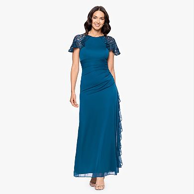 Women's BA Nites Sheer Matte Jersey Gown with Short Lace Sleeves
