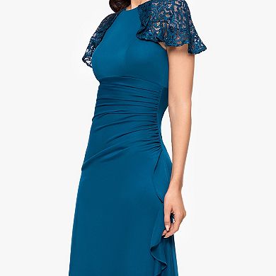 Women's BA Nites Sheer Matte Jersey Gown with Short Lace Sleeves